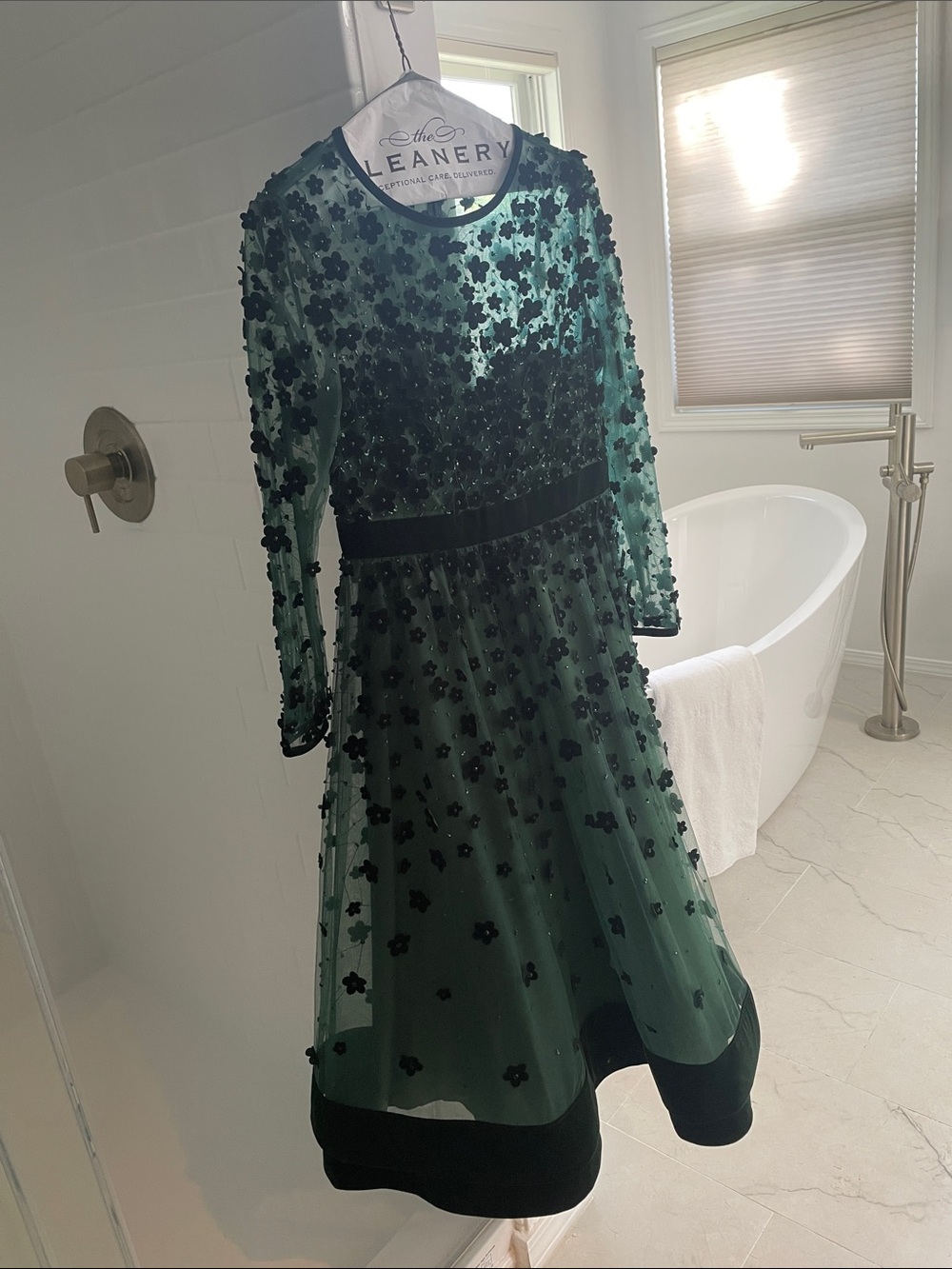 Mac Duggal Forest Green Long-Sleeve Floral Appliqué Midi Dress